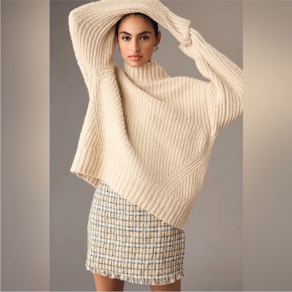 ANTHROPOLOGIE - MAEVE tan chunky knit the Dakota over size turtleneck sweater - Picture 1 of 11